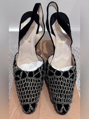 Christian Louboutin Black Velvet Slingback Heels with Metallic Crochet Overlay